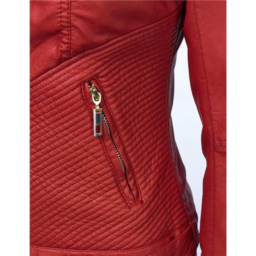 Slim Fit Stylish Vegan Leather Moto Jacket Red - Picture 5 of 7